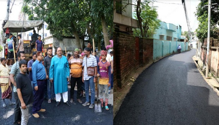 রাজশাহী মহানগরীর ২৪নং ওয়ার্ডে রাস্তার কার্পেটিং কাজ পরিদর্শনে রাসিক মেয়র