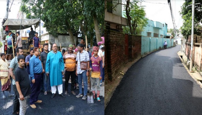 রাজশাহী মহানগরীর ২৪নং ওয়ার্ডে রাস্তার কার্পেটিং কাজ পরিদর্শনে রাসিক মেয়র